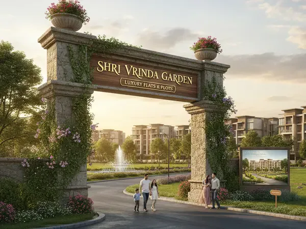 Illustration of a landscaped entrance gate, supplied by Shri Vrinda Group for Shri Vrinda Garden